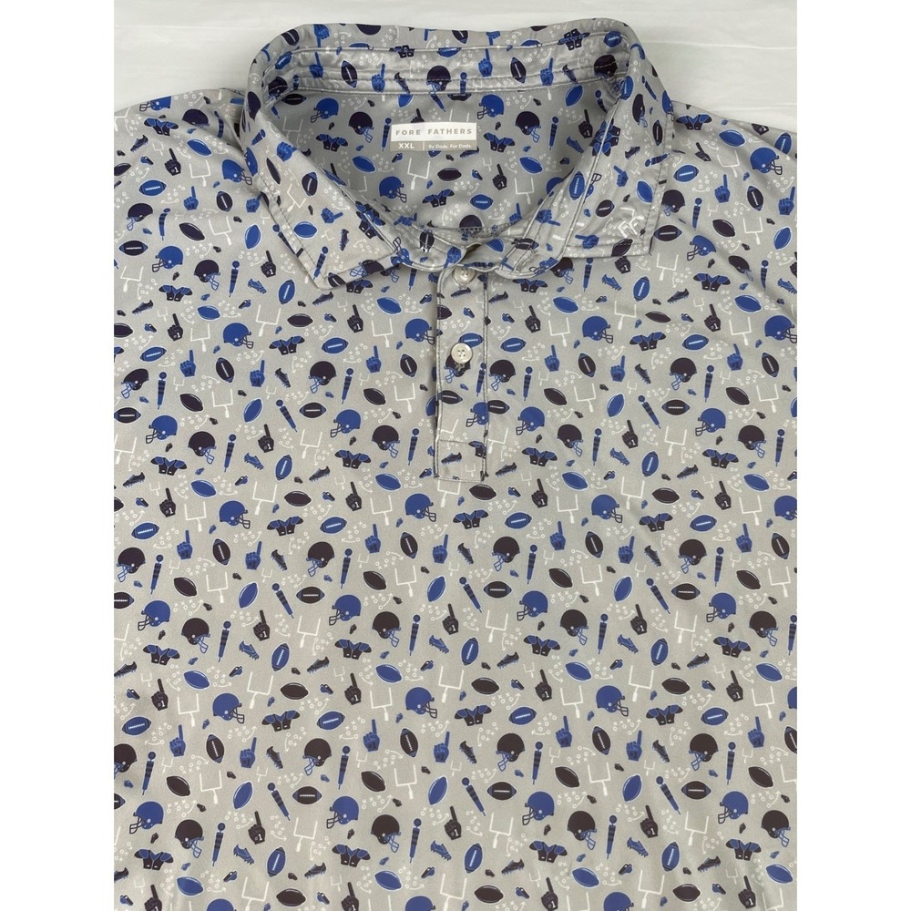 Fore Fathers Mens XXL Football Print Polo Shirt Grey Blue Performance Stretch
